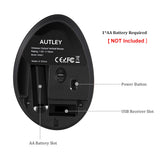 Autley ergonomic mouse showing bottom view of battery slot and power button