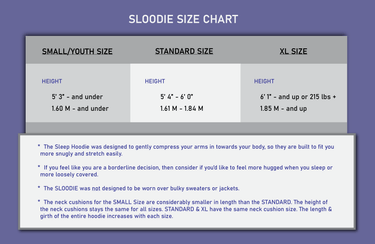 Sloodie size chart showing how sizing works by height and weight